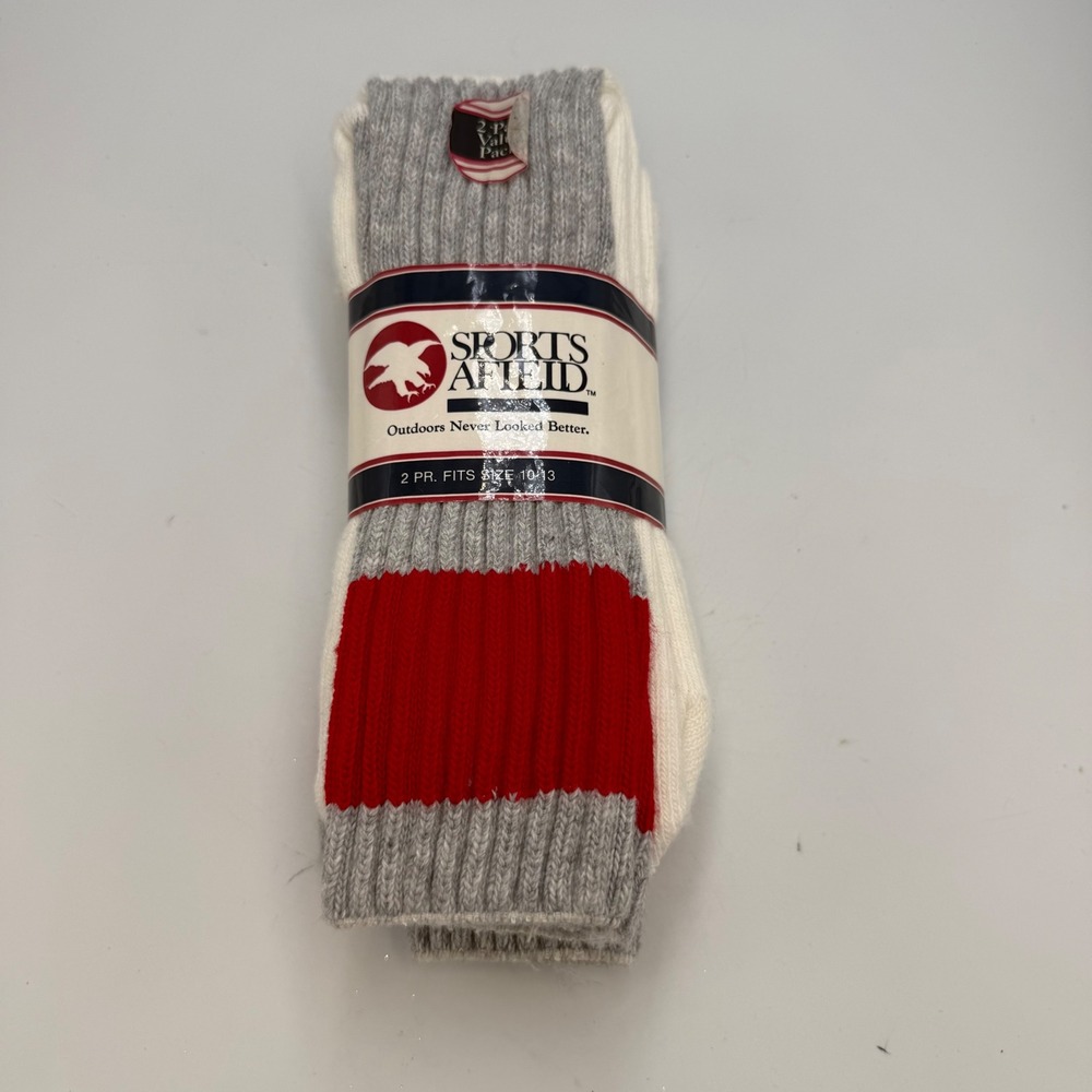 Vintage 80s Sports Afield 2 Pack Men Crew Socks Gray Red USA Made 10-13 New